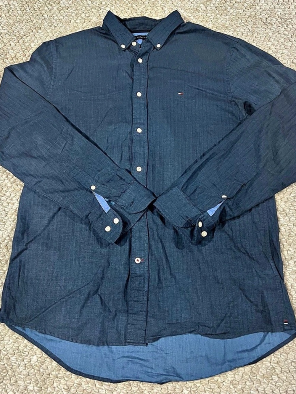 Tommy Hilfiger Shirt Mens L Regular Fit Dark Navy Blue Long Sleeve Button Up